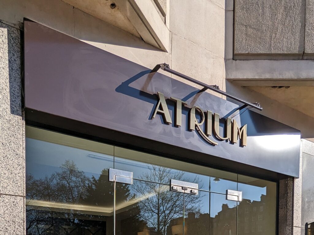 POWDER COATED ALUMINIUM TRAY & TROUGH LIGHT WITH BRUSHED GOLD LETTERS in London