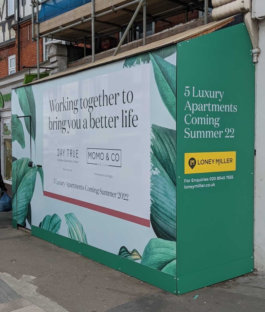 FULL COLOUR ALUMINIUM COMPOSITE HOARDING WITH MATCHING KICK-STANDS in London